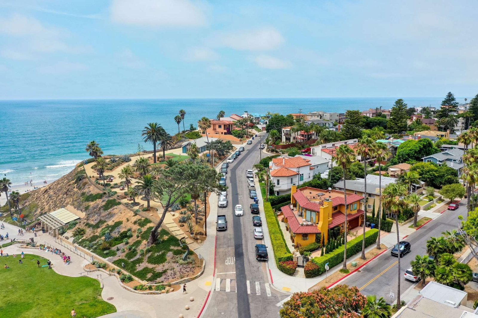 Aerial view over Solana Beach, looking west across Fletcher Cove and the bluff to the Pacific